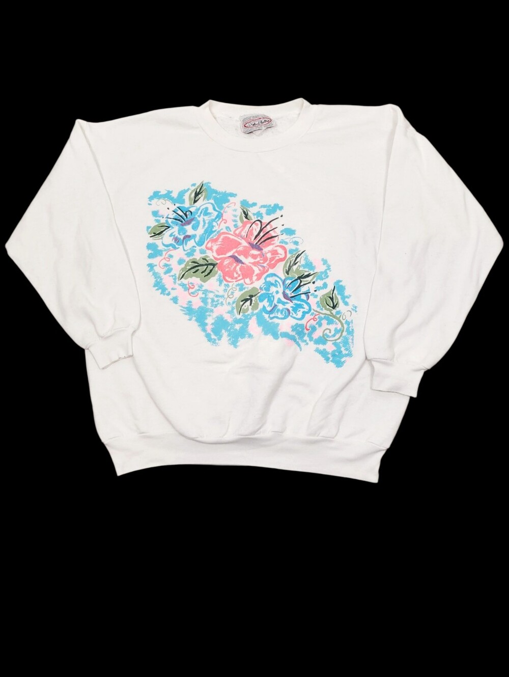Vintage Blue Floral Flower White Sweatshirt Top Size: Large